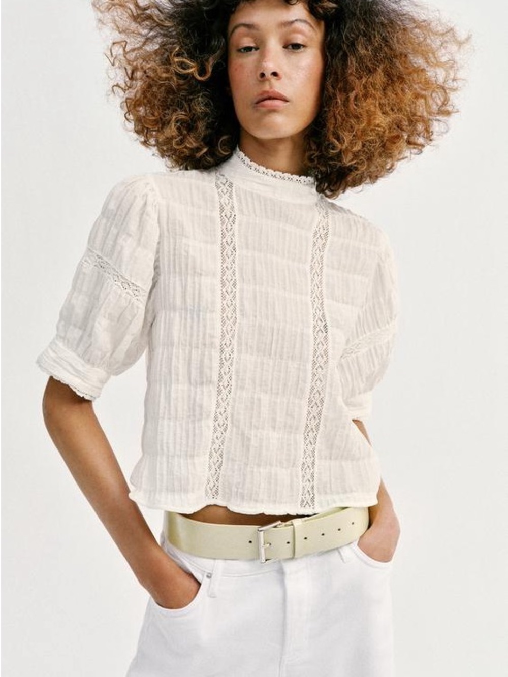 Zara White Lace-Trim High-Neck Blouse